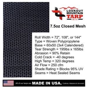 Custom UV Shade Cloth Tarp Cover  - 7.5oz Closed Mesh 95% Solid Black